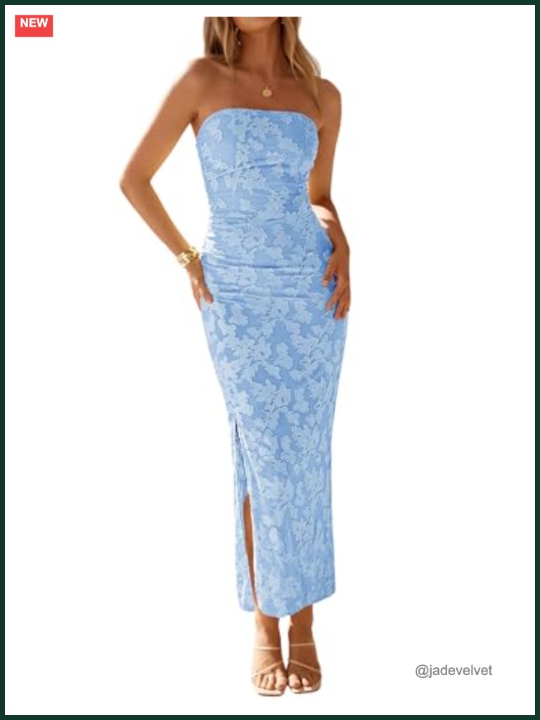 Strapless Floral Maxi Dress Bodycon Side Slit Mesh Cocktail Party